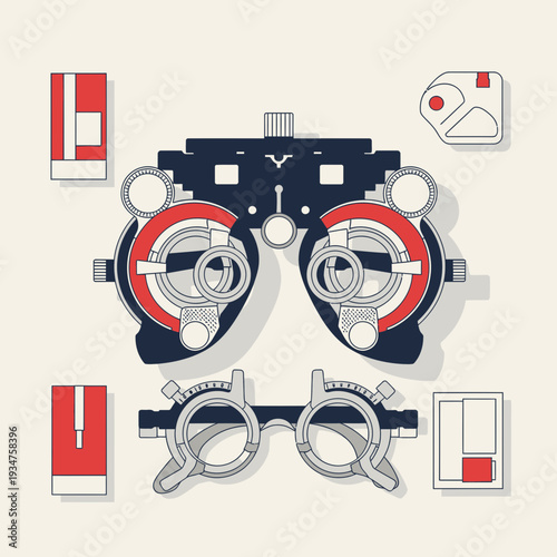 Illustration Of Optometry Equipment For Eye Exams, Medical Vision Care, And Optical Health