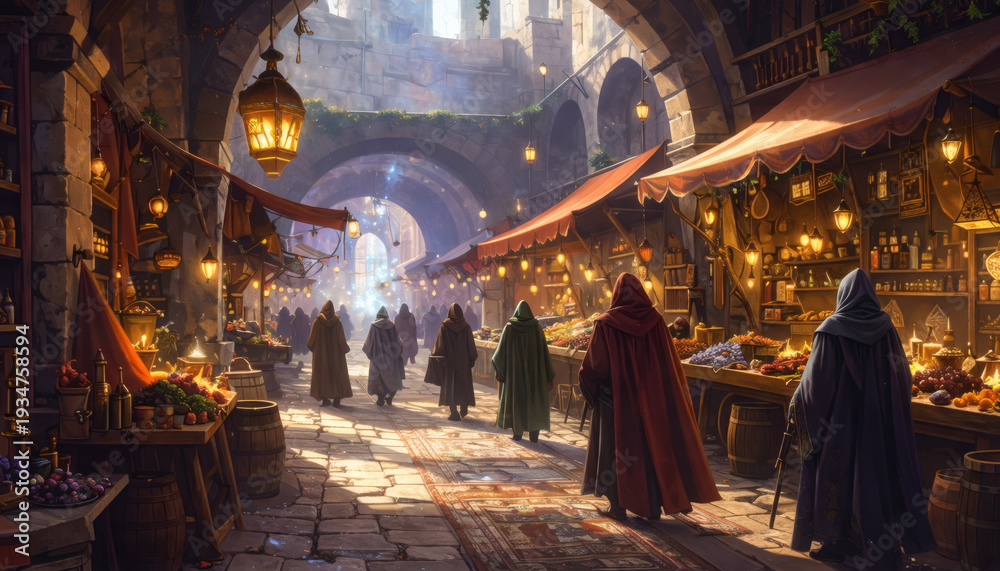 Obraz premium Medieval Market Street Under Stone Arches with Warm Lantern Light