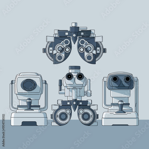 Illustration Of Optometry Instruments, Essential Tools Used For Eye Examinations And Vision Testing