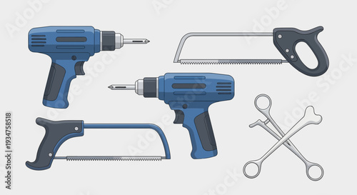 Illustration Of Tools And Surgical Instruments, Medical And Mechanical Equipment