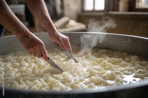Wallpaper Mural Artisan hands cut fresh cheese curds inside traditional stainless steel dairy vat gently Torontodigital.ca