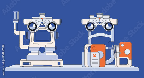 Illustration Of Two Futuristic Ophthalmic Machines, Modern Eye Care Devices Artwork