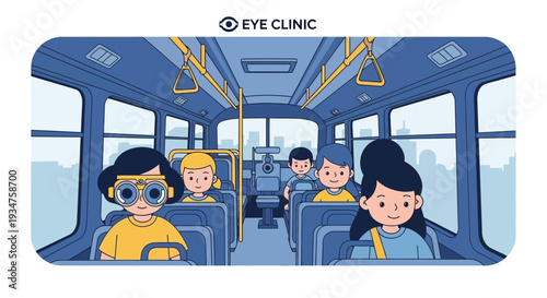 Illustration Of People Riding A Bus, One Girl Has Special Vision Diagnostic Glasses