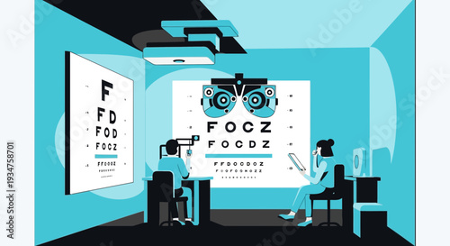 Illustration Of Vision Checkup Inside An Optician's Office With Ophthalmologist And Patient