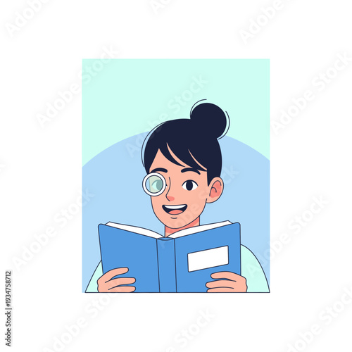 Illustration Of Person Enthusiastically Reading Book With Magnifying Glass Gaze