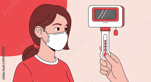 Illustration Of Person Taking Temperature, Measuring Body Heat With A Thermometer Device