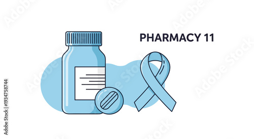 Illustration Of Pharmaceutical Bottle, Pill, And Awareness Ribbon Representing Health And Medicine