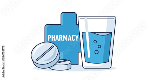 Illustration Of Pharmacy Symbol, Pills, And Glass Of Water With Blue Background