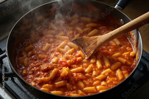 Wallpaper Mural Creamy tomato pasta cooking in stainless pan stirred with wooden spoon under warm light Torontodigital.ca
