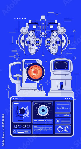 Illustration of Sophisticated Ophthalmic Diagnostic Instruments for Vision Healthcare Professionals