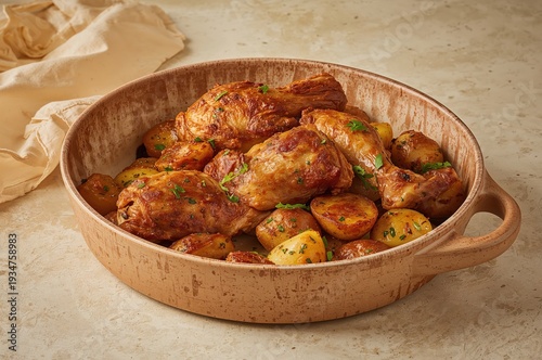 Wallpaper Mural Hearty roasted chicken thighs and potatoes in rustic baking dish with warm golden light Torontodigital.ca