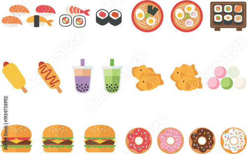 Cute sushi pizza burgers and dessert cartoon food icon collection with drinks and snacks set