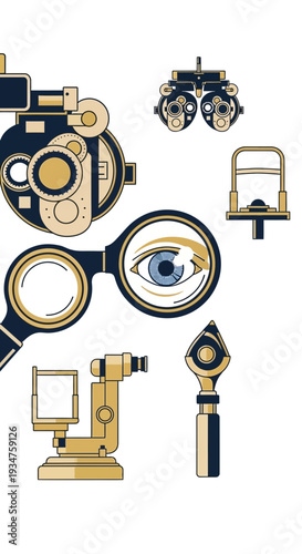 Illustrative Depiction of Optometry Tools and the Human Eye for Healthcare Professionals