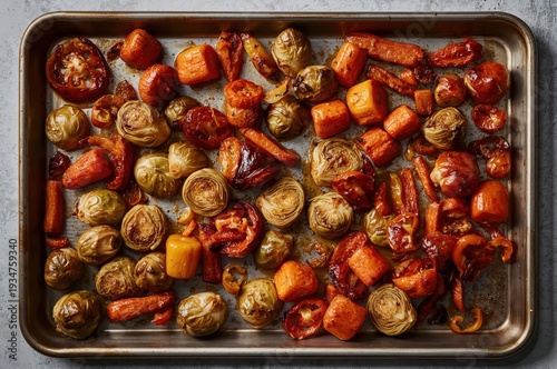 Wallpaper Mural Roasted mixed vegetables with caramelized edges on stainless sheet pan under natural light Torontodigital.ca