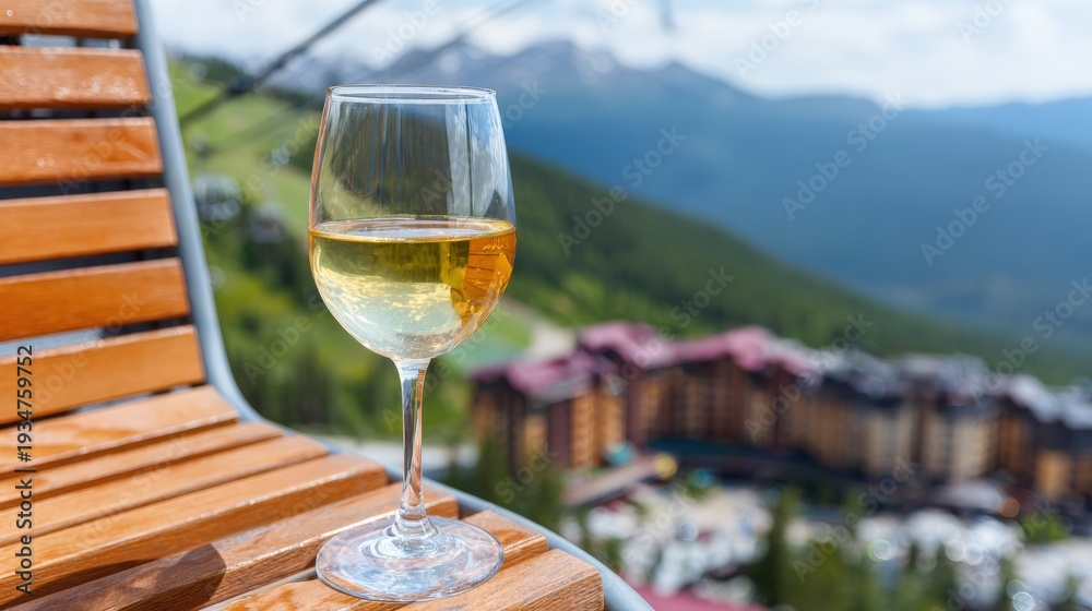 Naklejka premium Wine glass outdoors on mountain view balcony overlooking scenic landscape