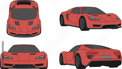 Red modern supercar vector illustration with front and rear perspective views isolated on white background for automotive branding design