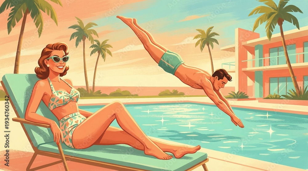 Obraz premium Retro illustration of a couple enjoying a summer day at a poolside resort.