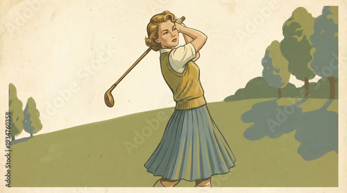 Vintage illustration of a woman golfer swinging a club on a green course.