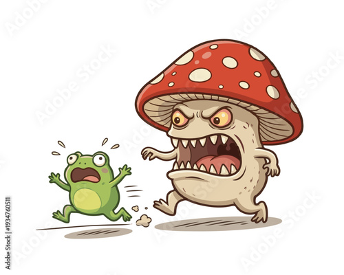 Funny cartoon of a mushroom chasing a small green frog clip art 