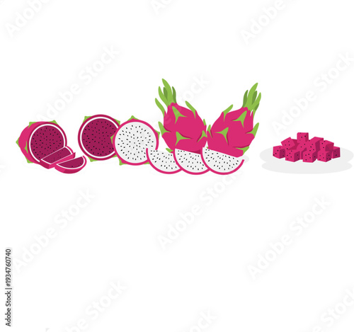 Fresh dragon fruit whole sliced and diced pitaya illustration isolated tropical exotic fruit vector