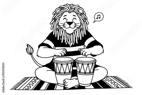 Relaxed Lion Playing Bongo Drums Reggae Beach Party Tropical Animal Musician Black Vector Silhouette
