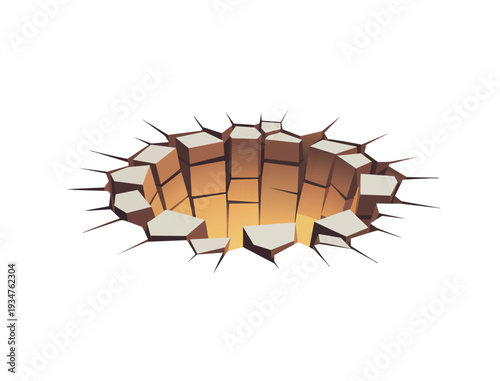 vector hole in the ground with glowing orange light- cracked surface with angular fragments on neutral background