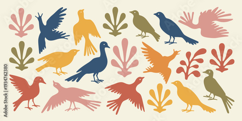 Abstract Bird and Plant Shapes in Earthy Tones birds