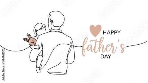 Father holding baby with bunny toy and happy fathers day text