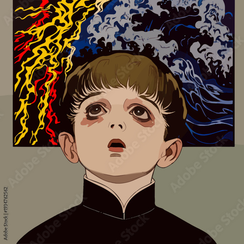 Boy head with lightning and wave vector illustration
