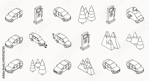 Isometric Line Art Icons: Cars, Electric Charging Stations, Mountains, and Pine Trees for Transportation and Nature Themes