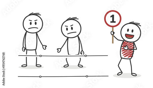Stick figures in competition with a judge holding a number one sign