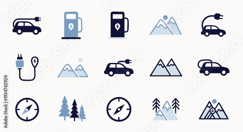 Collection of electric car charging stations, mountains, compasses, and pine trees, representing eco-friendly travel and outdoor adventure.