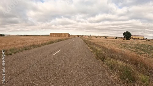 paved road on a summer landscape near Itero del Castillo, comarca of Odra-Pisuerga, province of Burgos, Castile and Leon, Spain