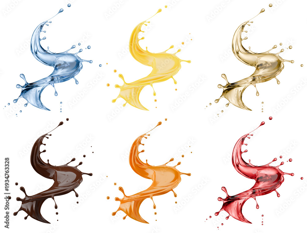 Fototapeta premium Set of splashes with liquids of different materials isolated on white background. 3d rendering