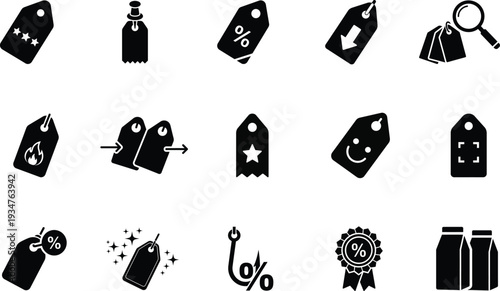 Set of 15 Silhouette Icons for Shopping, Online and Offline Stores, and Booking Apps