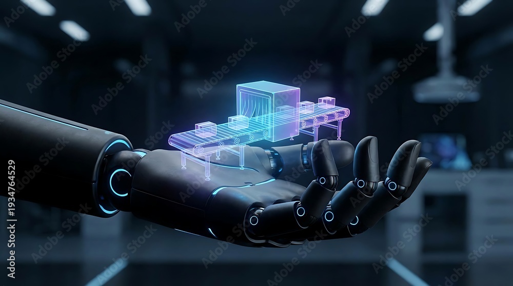 Fototapeta premium Robot Hand with Holographic Conveyor - Production AI