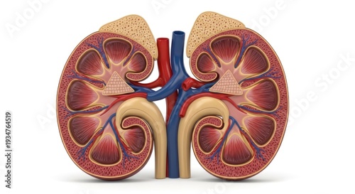 Anatomical cross-section of a human kidney, revealing internal structures