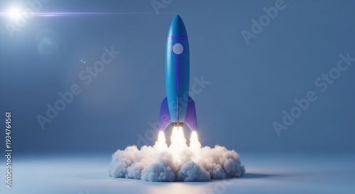 Blue rocket blasting off from cloud, launching upwards into bright light