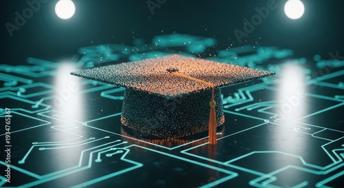 Graduation cap made of digital particles on a circuit board, illuminated
