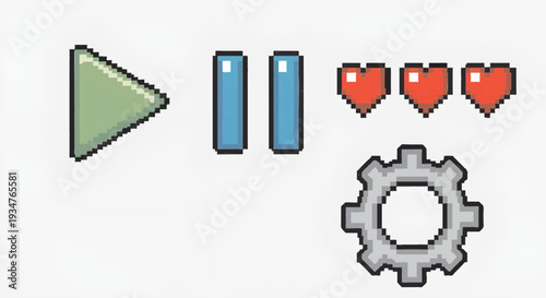 Pixel Art Game User Interface Elements with Play Pause Settings and Hearts