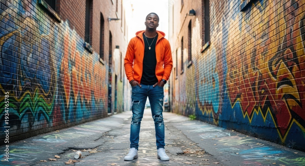 Fototapeta premium Man in vibrant alleyway, standing confidently amidst colorful graffiti art