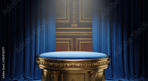Ornate golden pedestal with plush blue velvet, theatrical curtains