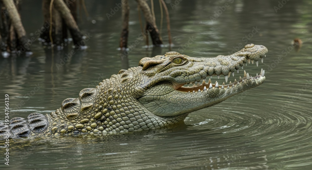 Obraz premium Reptile emerges from dark water, mouth agape, revealing sharp teeth