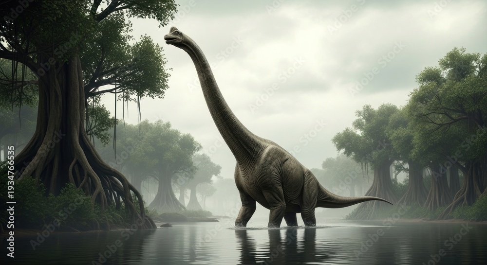 Obraz premium Towering ancient reptile stands in misty swamp, lush trees rise