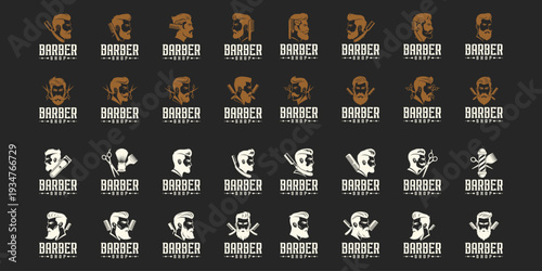 A collection of flat illustrations of men's faces with different hairstyles for barbershop logo designs, products for men.