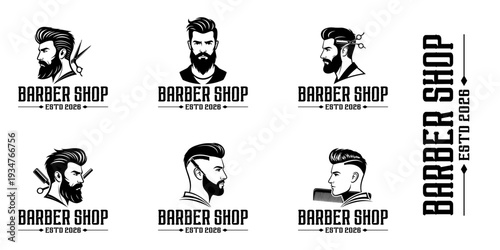 A collection of flat illustrations of men's faces with hairstyles for barbershop logo designs, products for men.