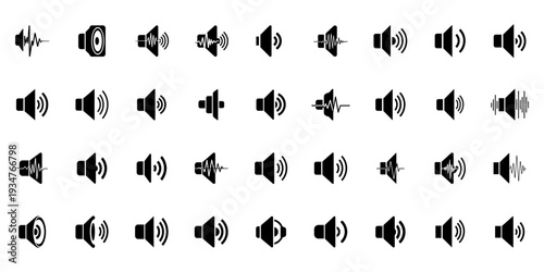 Minimal speaker and sound icon logo collection in black and white, ideal for audio apps, volume controls, UI design, multimedia, and sound technology branding.