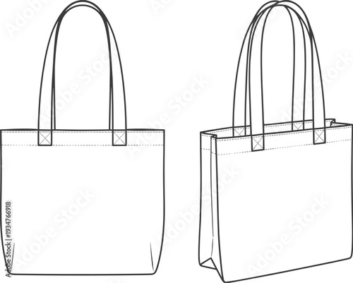 Front and Side View Line Drawing of a Tote Bag handbag