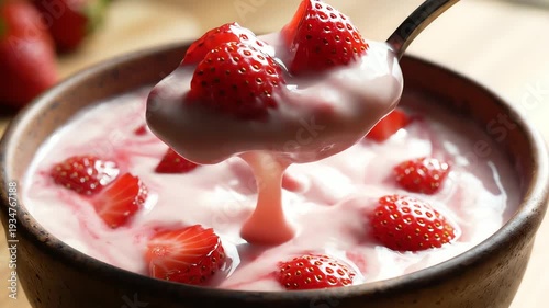 Fresh strawberry yogurt dessert in rustic bowl close up
