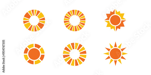 Collection of sun logos featuring rays, circles, and star shapes.